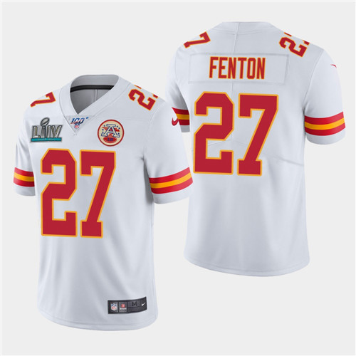 Men's Kansas City Chiefs #27 Rashad Fenton White Super Bowl LIV With 100th Season Patch Vapor Untouchable Limited Stitched NFL Jersey